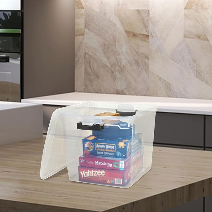 HOMZ 4-Pack Latching Lid, Large Clear Plastic Storage Bins with Lids, 31 Quart, Gray Latch - Stackable Container Boxes for Home, Bathroom, and Office Organization