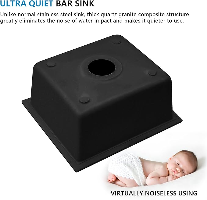 18"x16" Undermount Bar Prep Sink – Matte Black Granite Composite Quartz Classic Under Counter Single Bowl Sink Basin for Wet Bar, RV, Small Kitchen, Mobile Home