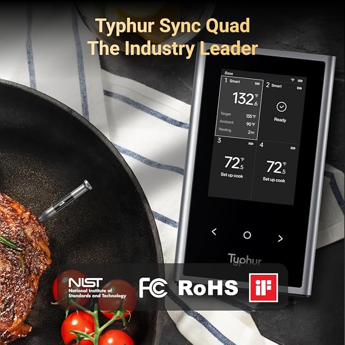 Typhur Sync Wireless Quad Gen 2 Meat Thermometer | 4 Probes | 6 Sensors | LCD Display | WiFi and Bluetooth 5.3 | Improved Stability and Range | IPX8 Waterproof | for BBQ, Grill, Smoker, Oven, Kitchen