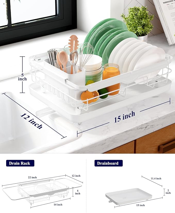 Kitsure Dish Drying Rack for Kitchen Counter, Stainless Steel Sink Organization and Storage Essentials with Cutlery Holder, Home and Appartment Decor, 12.2''W x 15.7''~23''L, White