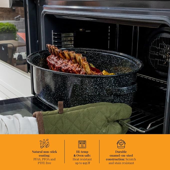 Granite Ware 4-Piece 18-in Roasting Set w/Lid, Enameled Steel, Speckled Black