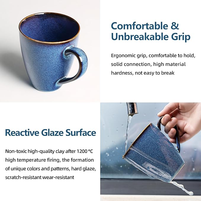 MONITO 17 OZ Coffee Mugs Set of 6, Large Ceramic Blue Coffee Mugs Set with handle for Tea/Latte/Milk/Cocoa, Funny Tea Cups for Office and Home, Engagement Gifts. (Starry Blue)