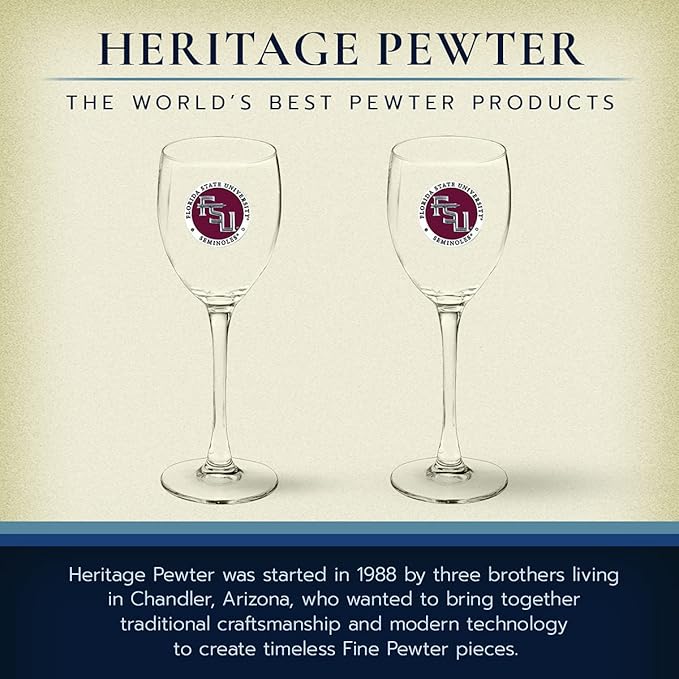 Heritage Pewter Florida State Seminoles Glass Goblets β Set of 2 | 12 OZ Goblet Wine Glasses | Expertly Crafted Pewter Glass