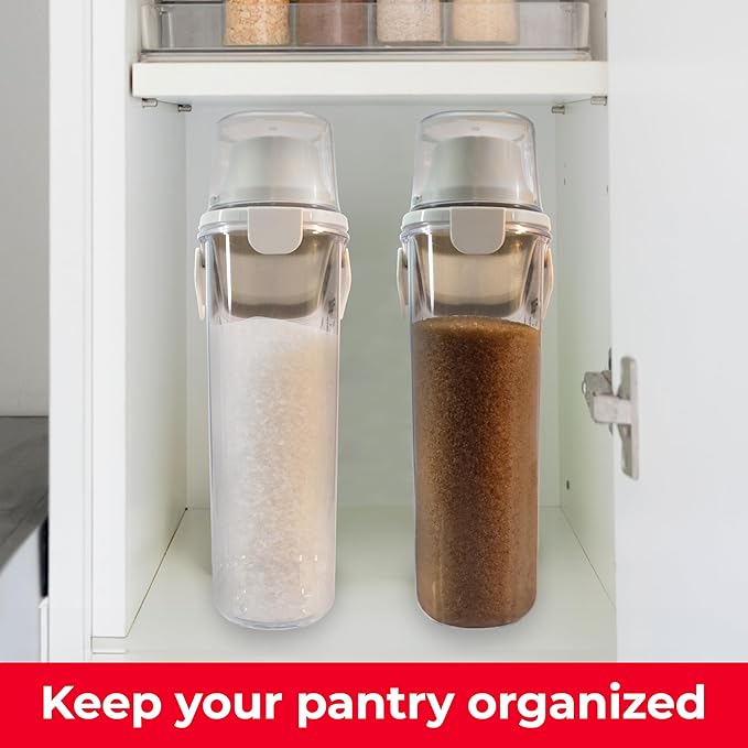 Two Pack Food & Cereal Storage Container - 2.6L Airtight Plastic Kitchen Organizer Bin with Pouring Spout, Measuring Cup Lid, Ideal for Dry Food, Rice, Sugar, Pet Food dispenser - BPA free