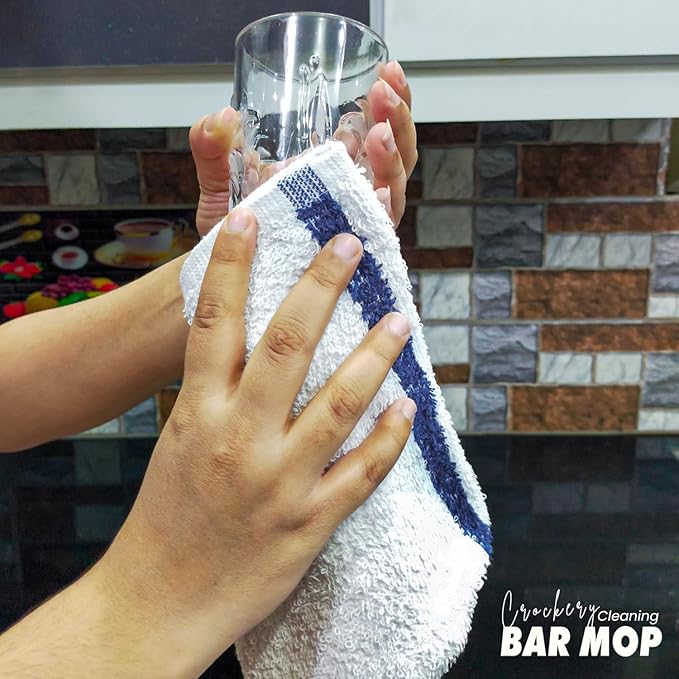Bar Mops Blue Stripe Pack of 60 Kitchen Towels 16x19 Multi-Purpose for Home, Restaurant and Cleaning White Absorbent Washcloth Dishcloths Sets, Reusable Dish, Cloths Rags