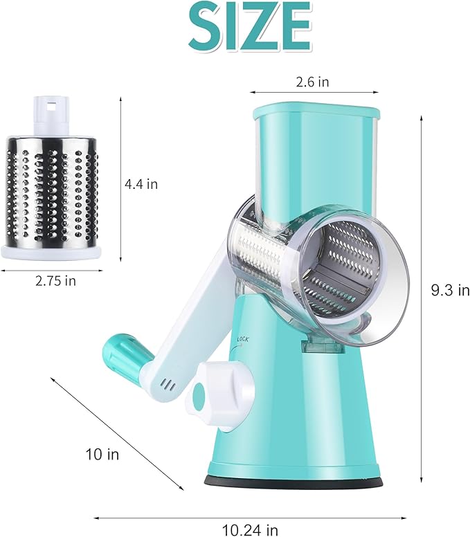Ourokhome Rotary Cheese Grater Hand Crank, Kitchen Shredder Speed Mandolin Slicer Ice Shaver with Handle and Drum Blades for Cheese, Vegetable, Nuts, Chocolate, Potato, Carrot, 5 Blades, Blue