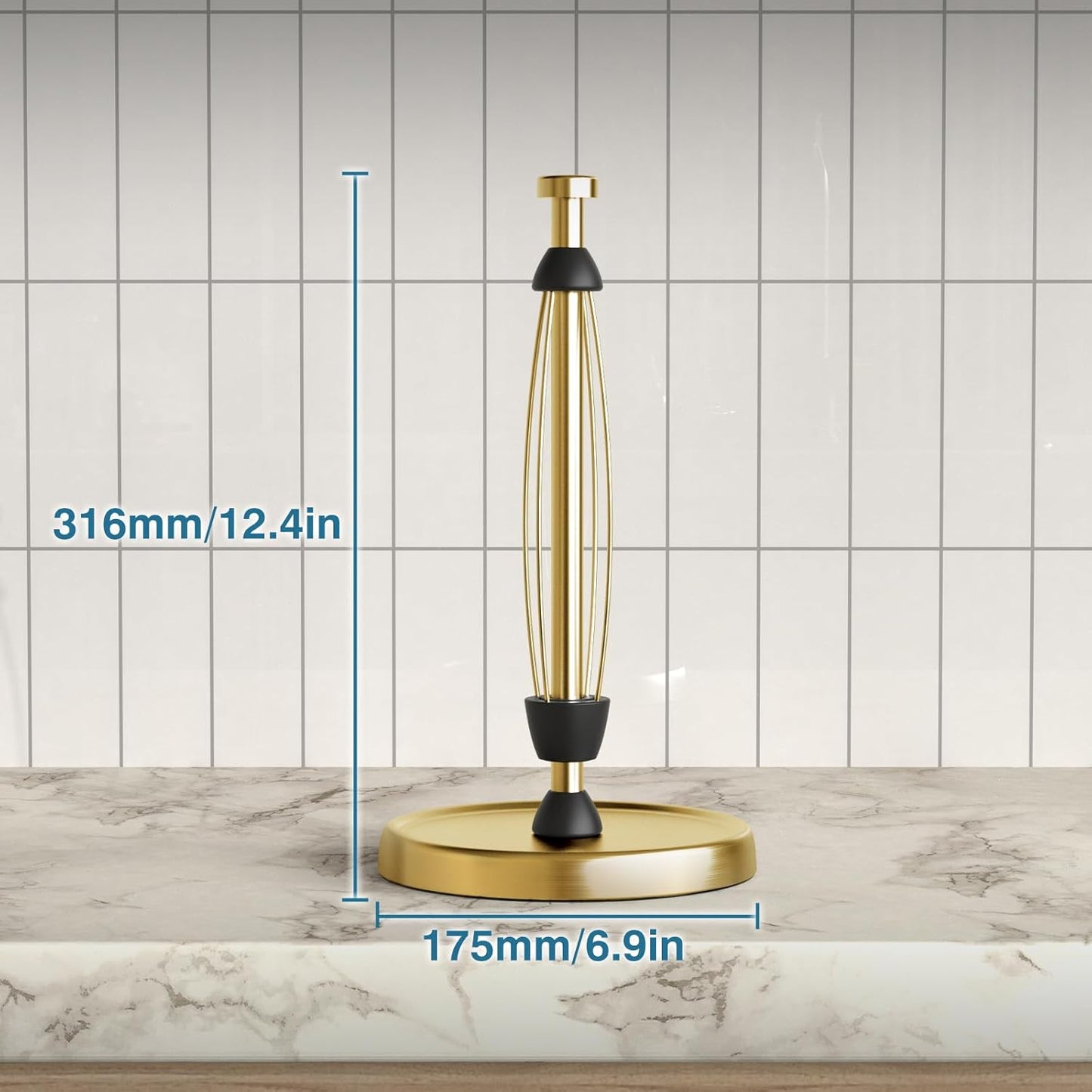 Paper Towel Holder Countertop, Gold Kitchen Accessories Decor, Stainless Steel, Weighted Base, Gold, Paper Towel Roll Holder Stand with Ratchet Mechanism for Kitchen Bathroom Farmhouse Essentials