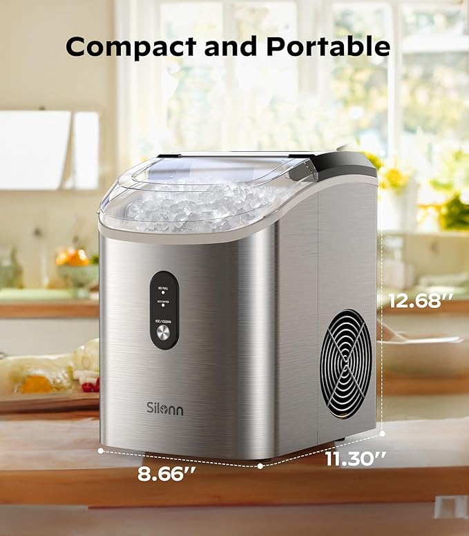 Nugget Ice Maker Countertop, Silonn Chewable Pellet Ice Machine with Self-Cleanin Function, 33lbs/24H Portable Ice Makers for Home Kitchen Officce, Stainless Steel