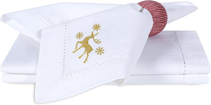Bedding Craft Cotton Cloth Dinner Napkins Set of 12 – 18x18 White with Gold Embroidery – Reusable Machine Washable Fabric Napkins for Weddings, Parties & Everyday Dining