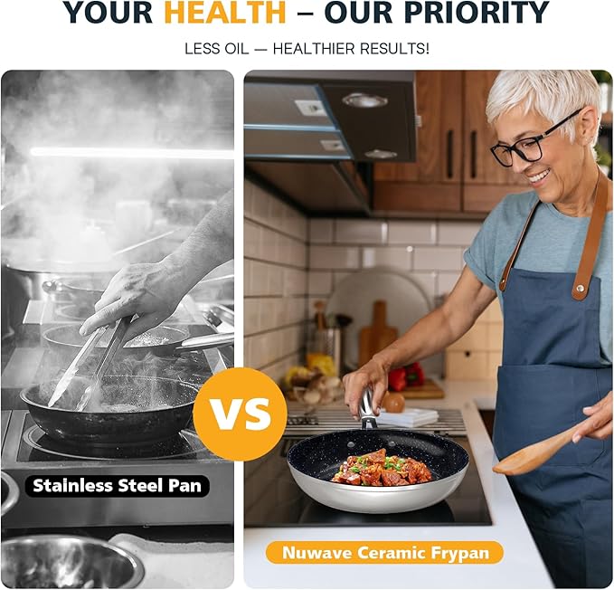 Nuwave 3-Piece 8”, 10”, 12” Forged Lightweight Frying Pan Set, G10 Healthy Duralon Blue Ceramic Ultra Non-Stick, Ergonomic Stay-Cool Handles, Induction-Ready & Works on All Cooktops