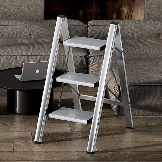 HillhutApex 3 Step Stool, Aluminum Foldable Step Ladder, Lightweight Stable Stool with Wide Non-Slip Pedals, 330lbs Bearing Capacity Ladder for Office,Home,Kitchen - Silver