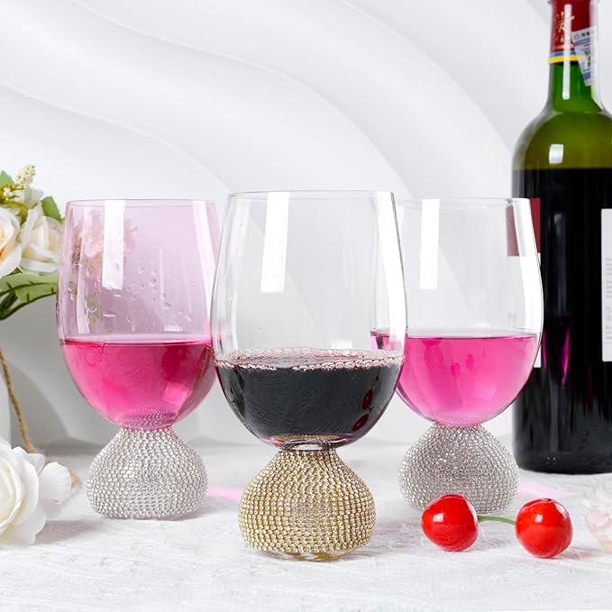 Wine Glasses Set of 4,Stemless Wine Glass,Unbreakable Crystal Fancy Glasses,15 Oz Short Handle Red/White Glasses,Unique Wine Gifts for Women,for Home Bar, Party, Birthday (Pink)