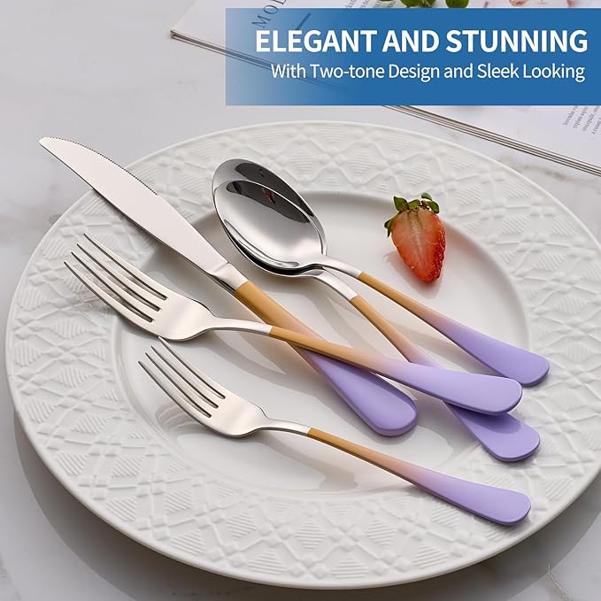 20-Piece Purple&Orange Silverware Set,18/0 Stainless Steel Colorful Handle Flatware Set, Service for 4, Modern Cutlery Set Includes Dinner Knives Forks Spoons, Mirror Polished,Dishwasher Safe