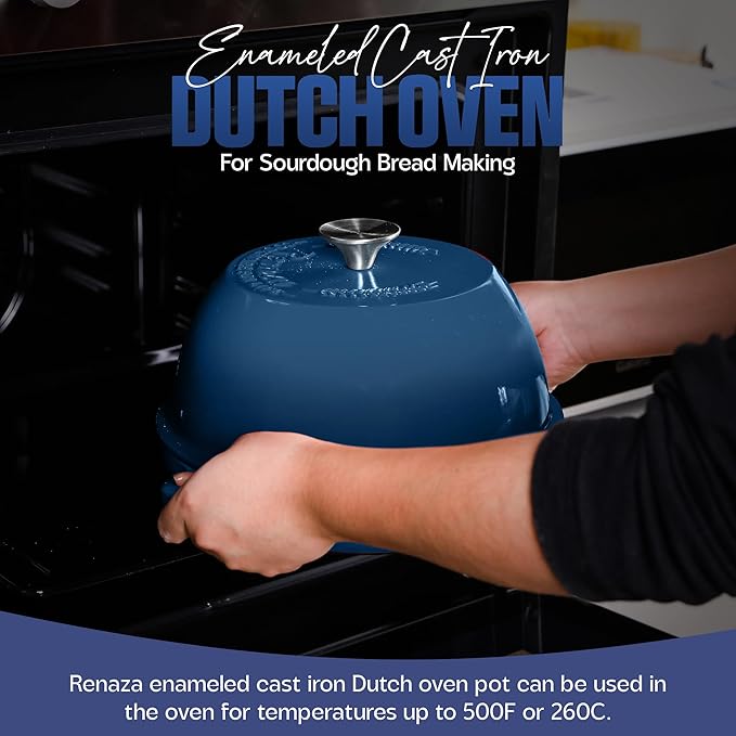 Enameled Cast Iron Dutch Oven Pot with Lid - Dutch Oven for Sourdough Bread Baking - With 5 Blade Bread Lame & Non-Stick Silicone Sling perfect for Sourdough Breads & more. Cast Iton Enamel Braiser Pan with Lid (BLUE, 6 Quart Sourdough Pot)