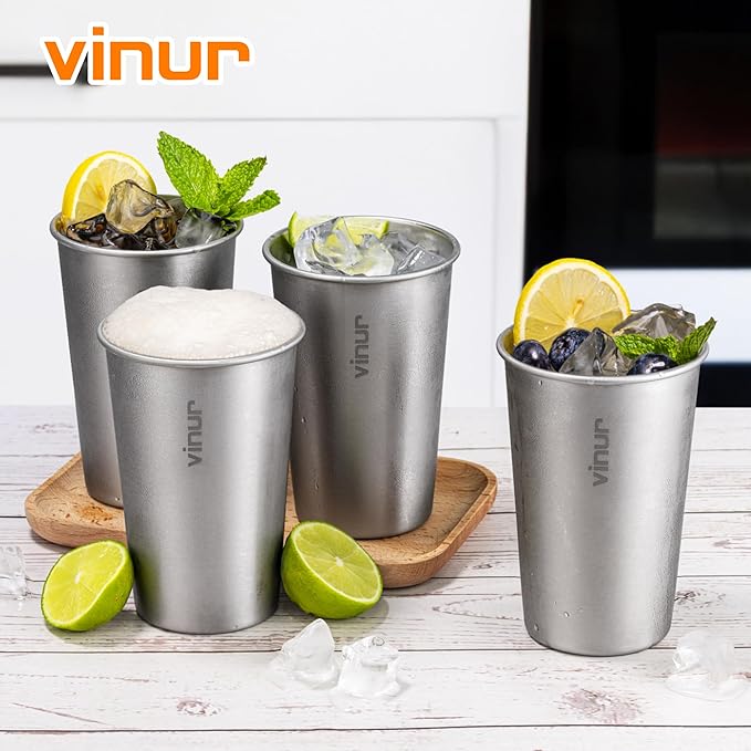 VINUR Stainless Steel Cups 4 Pack -16 oz Pint Tumbler Stackable Metal Drinking Glasses for Travel, Camping, Outdoors (Silver)