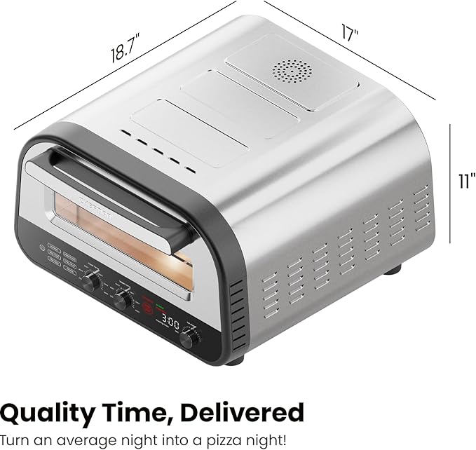 CHEFMAN Indoor Pizza Oven - Makes 12 Inch Pizzas in Minutes, Heats up to 800°F - Countertop Electric Pizza Maker with 5 Touchscreen Presets, Pizza Stone and Peel Included - Stainless Steel