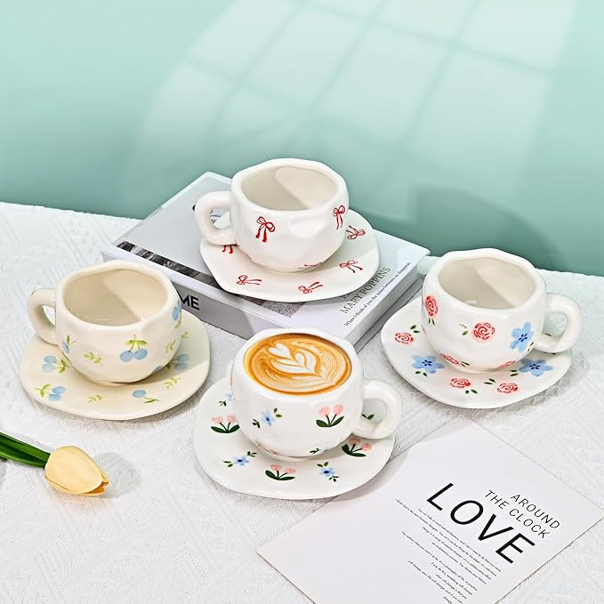 Koythin Ceramic Coffee Mug with Saucer Set, Cute Creative Bow Cup Unique Irregular Design for Office and Home, 10 oz/300 ml for Latte Tea Milk