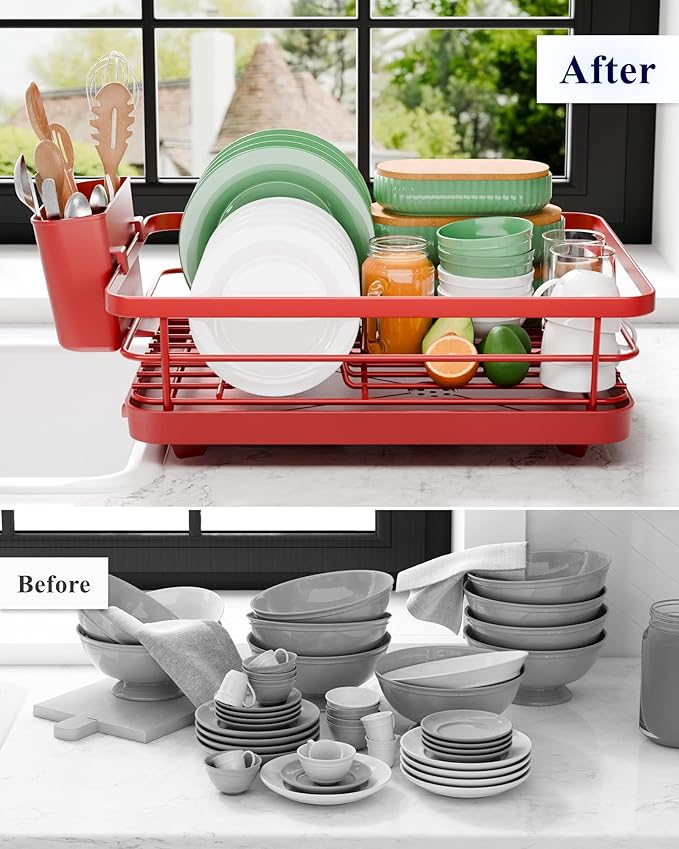 Kitsure Dish Drying Rack for Kitchen Counter, Stainless Steel Sink Organization and Storage Essentials with Cutlery Holder, Home and Appartment Decor, 12''W x 15.5''L, Red