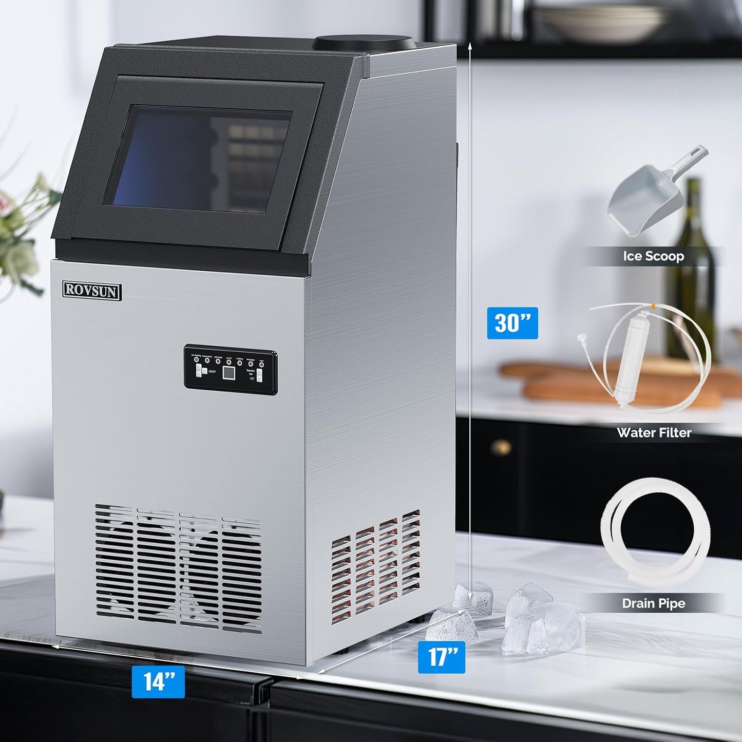 ROVSUN Stainless Steel Commercial Ice Maker Machine, Make 110lbs/24h, 24lbs Storage,Under Counter/Freestanding Automatic Ice Machine for Home Restaurant Bar Cafe