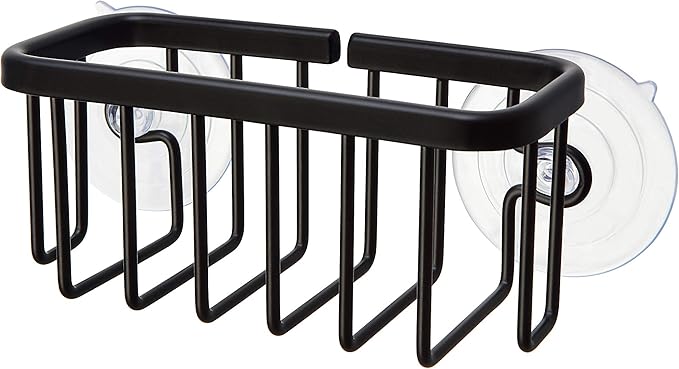 SunnyPoint NeverRust Kitchen & Bathroom Sink Caddy for Sponges, Scrubbers, Soap, 6" x 2.5" x 2.75", with Adhesive Mount - Additional Suction Cup Included –Aluminum (Black)