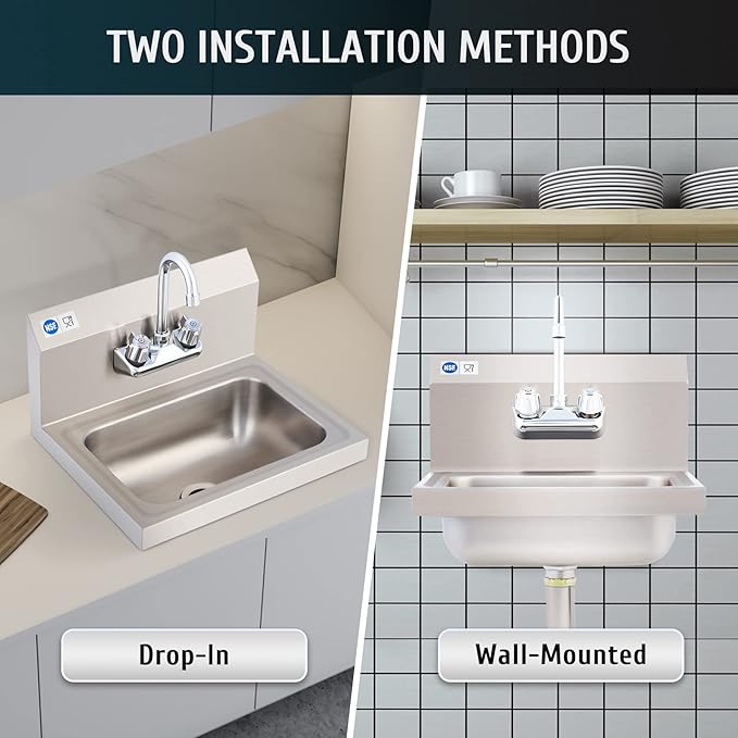 WILPREP Hand Sink Commercial Stainless Steel Sink for Washing, NSF Utility Sink with Gooseneck Faucet, Wall Mount Kitchen Sink for Restaurant Bar RV Bathroom Laundry Room (17 x 15 Inches)