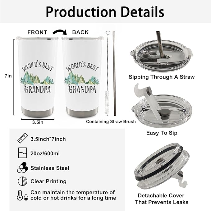 QASHWEY Grandpa Gifts Coffee Tumbler - Grandpas Grandfather Gifts, Grandpas Travel Tumbler Coffee Mug Gift for GrandpaPapa, World's Best Grandpa Mountain Stainless Steel Tumblers with Straw and Lid
