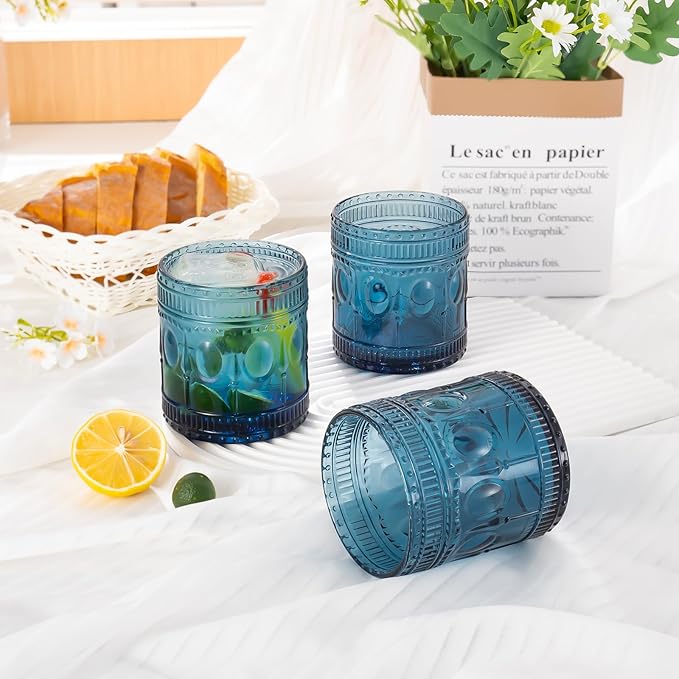 6-pack Vintage Drinking Glasses, Indian style,14 oz Large Modern Glass Tumbler, Embossed Patten Double Old Fashion Glass, Ripple Glassware (Cornflower Blue)