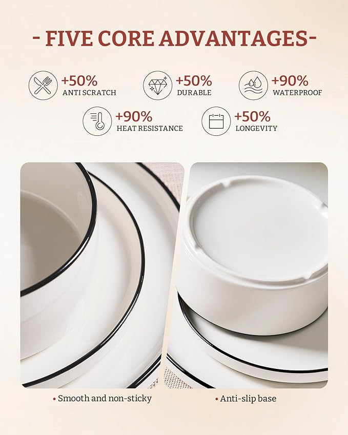 Famiware Porcelain Dinnerware Set, 18-Piece Modern Plate and Bowl Set, dish set for 6, Microwave and Dishwasher Safe Tableware, White with Black Trim