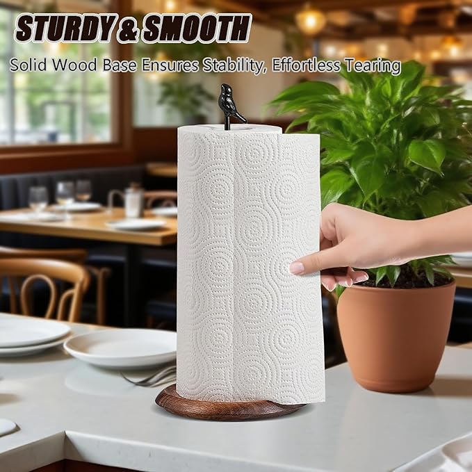 Wooden Cute Bird Shaped Countertop Paper Towel Holder, Solid Wood Base with Iron Rod, with Non-Slip Pad, Stable and Durable, Suitable for Kitchen, Dining Table and Home Decoration (Black-3)
