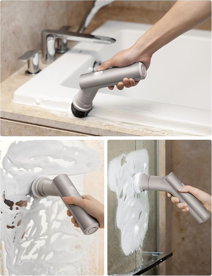 HOTO Handheld Short-Handle Electric Spin Scrubber, IPX7 Waterproof Cordless Scrubber Brush, Bathroom Cleaning Brush, Max 22 in-lb, with 9 Brush Heads for Bathroom, Shower, Kitchen, Sink, Tile