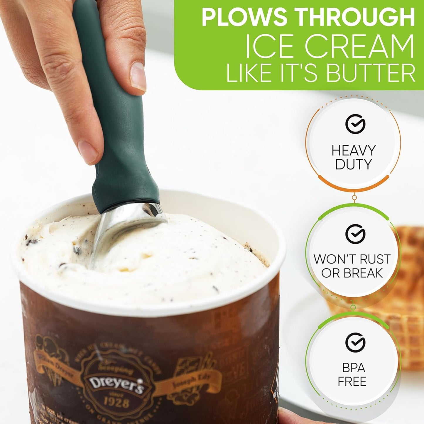 Spring Chef Professional Ice Cream Scoop with Soft Grip Handle - Heavy Duty Ice Cream Scooper for Cookie Dough, Frozen Yogurt, Gelato, Sorbet, Melon - Dishwasher Safe Kitchen Tool - Pine Green