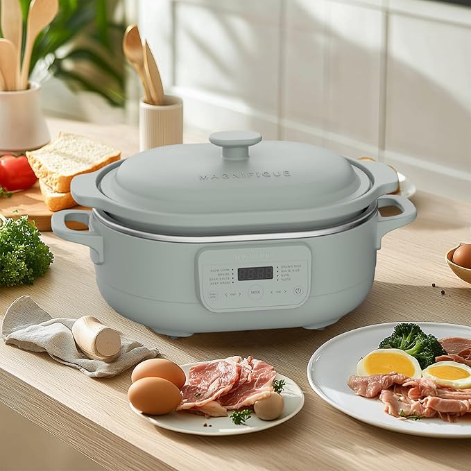 4 Quart Programmable Slow Cooker with Flexible Easy Programming, 8-in-1 Claypot Multi Cooker, Removable Crock, Nonstick, Oven Safe Pot to 450°F, Olive