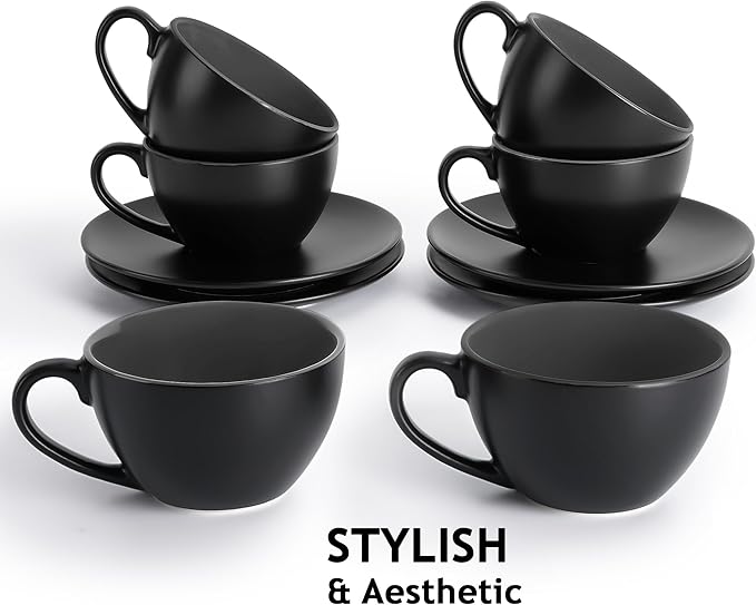 MIAMIO - Set of 6, Ceramic Stackable Cappuccino Cups Set / 6 Ounce Cappuccino Mugs and Saucer with Metal Stand for Coffee Drinks, Cafe, Latte, Americano and Tea - Le Papillon Collection (Black)