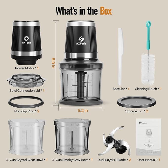 Food Processor, Electric Food Chopper with 2 Bowls (2 × 4 Cup) & 2 Dual-Layer S-Blade Sets, Meat Grinder & Vegetable Chopper for Meat, Onions, Garlic, Nuts, Salad & Baby Food