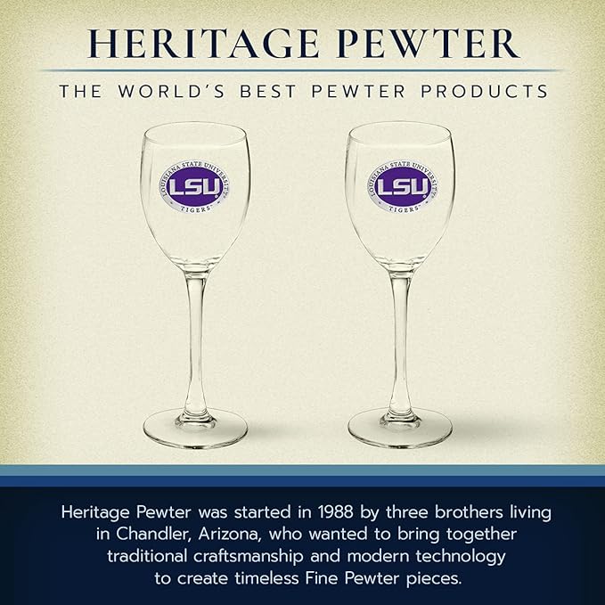 Heritage Pewter LSU Tigers Glass Goblets β Set of 2 | 12 OZ Goblet Wine Glasses | Expertly Crafted Pewter Glass