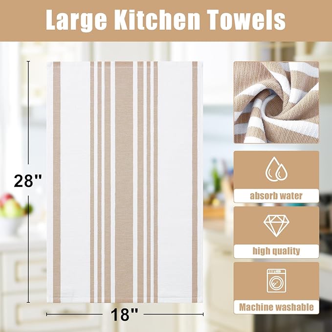 Homaxy Premium Kitchen Towels 18”x 28”, Large Cotton 380 GSM Kitchen Hand Towels, Stripe and Terry Dish Towel, Highly Absorbent Tea Towel Set with Hanging Loop, 8 Pack, Khaki