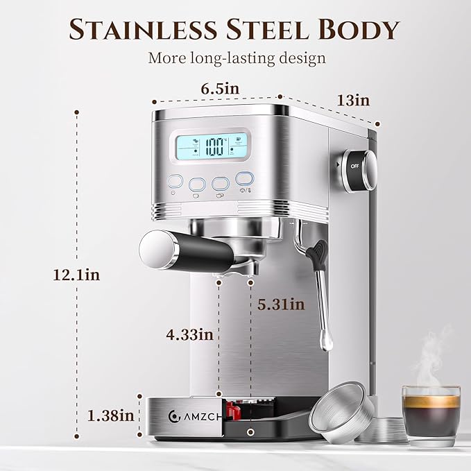 AMZCHEF Espresso Machine with LCD Display, 20 Bar Cappuccino Machines with Milk Frother for Home Gifts, Latte Coffee Maker with Dual Wall & Filters, Stainless Steel Style sliver