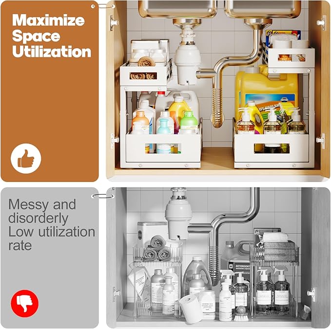 2-Pack 19"Deep Under Sink Organizer And Storage, 2-Tier L-Shaped Pull Out Cabinet Organizer with Upgraded Slide Rails, Height Adjustable Drawers for Kitchen&Bathroom, Extra-Large Storage Shelves–Gray