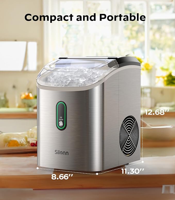 Silonn Nugget Ice Maker Countertop, Pellet Ice Machine with Self-Cleaning Function, Sonic Ice Maker Produces 33lbs of Chewable Ice in 24 Hours, Ideal for Home Kitchen and Office (Stainless Steel)