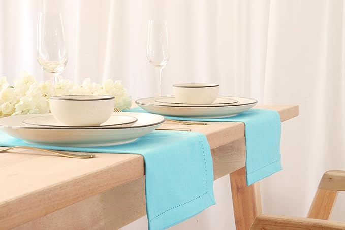 PurpleEssences Set of 12 Hemstitch Cloth Dinner Napkins 100% Cotton - Soft Durable Washable - Ideal for Wedding Fall Thanksgiving - Perfect Everyday Use Table Linen 18x18 - Aqua Blue