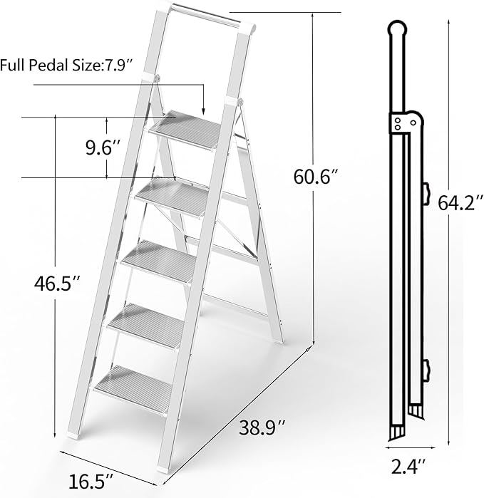 5 Step Ladder, Folding Step Stool, White Foldable Iron Ladder for 10 Foot High Ceiling with Anti-Slip Wide Sturdy Pedal and Handgrip, Multi-Use for Home (300 lbs Capacity)