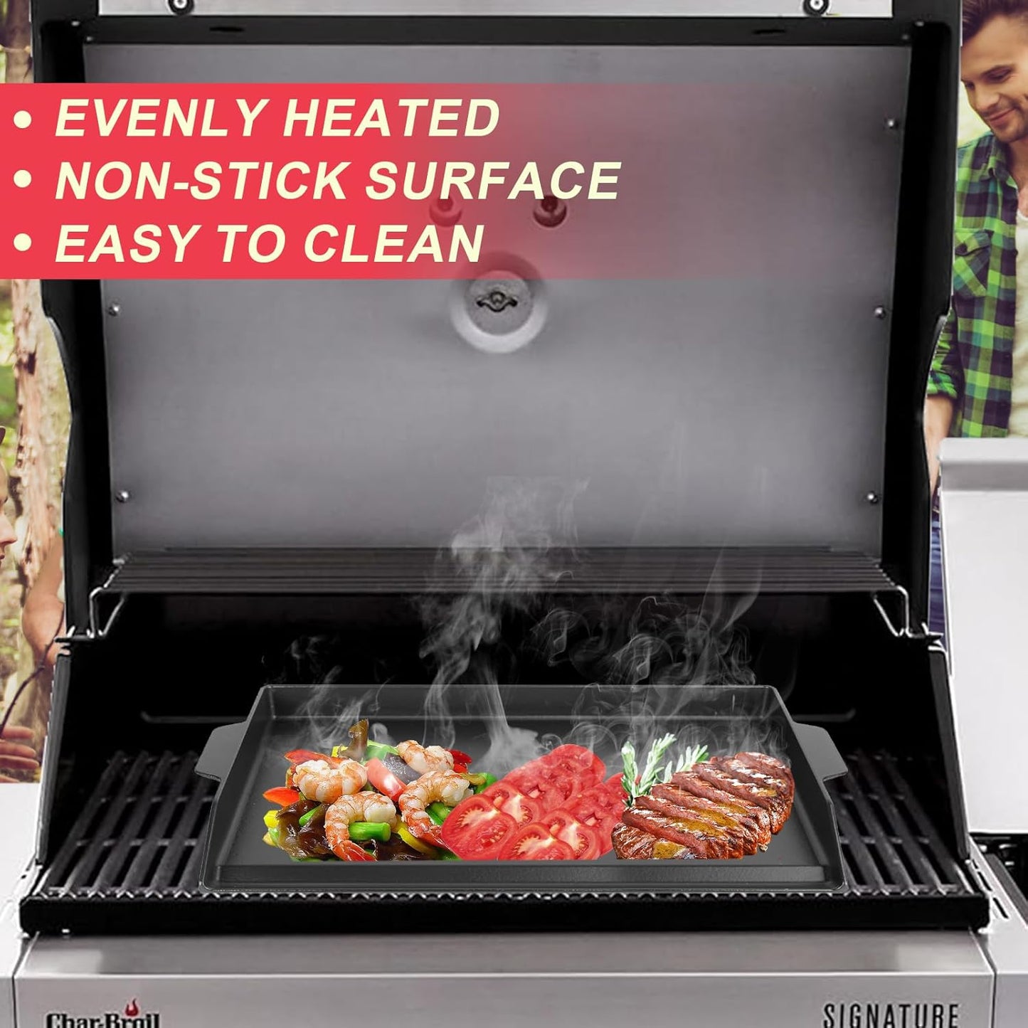 DcYourHome Universal Flat Top Griddle for Gas Grill, Gas Stove,Grill Flat Insert for Outdoor Grills, Stove-Top Griddles for 4 Burner Range Oven, 18.6" × 14" Large Nonstick Cast Iron Cooking Griddle