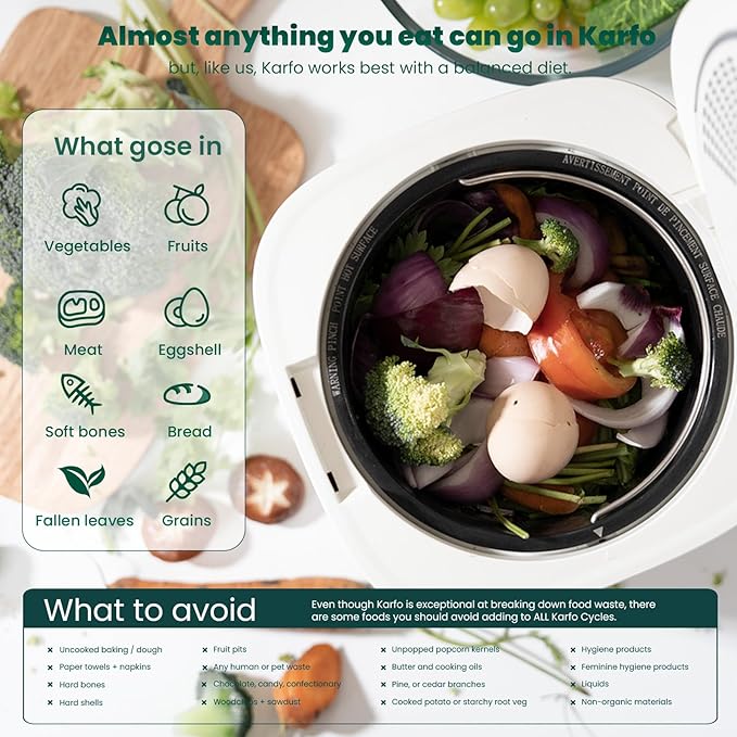 Karfo Electric Composter for Kitchen, Smart Compost Bin Outdoor/Indoor, Odorless Single-Button Auto Operation, Turn Food Waste to Fertilizer for Plants, Food Waste Compost Machine(White)
