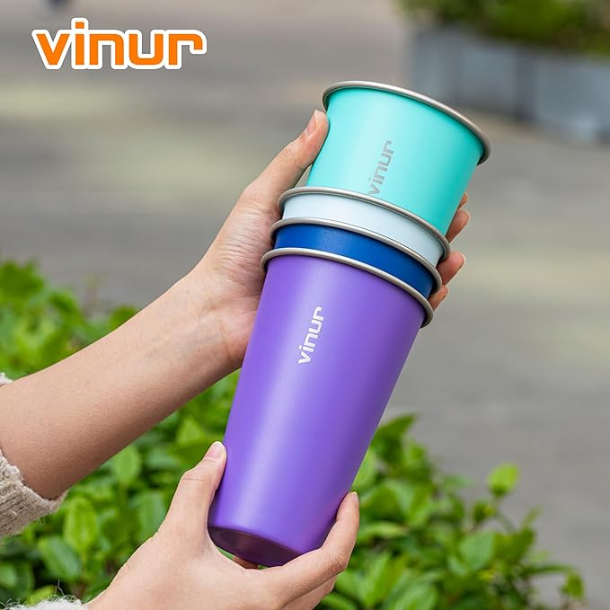 VINUR 4 Pack Stainless Steel Cups 20 oz Pint Tumbler Stackable Metal Drinking Glasses for Travel, Camping, Outdoors (Baby Blue-Navy-Teal-Purple)