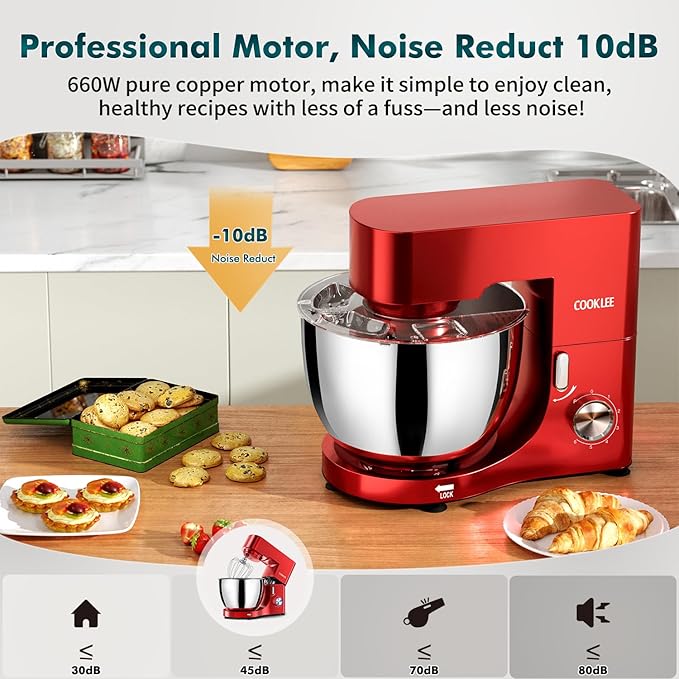 COOKLEE Stand Mixer, 9.5 Qt. 660W Electric Kitchen Mixer with Dishwasher-Safe Dough Hooks, Flat Beaters, Wire Whip & Pouring Shield Attachments for Most Home Cooks, Red