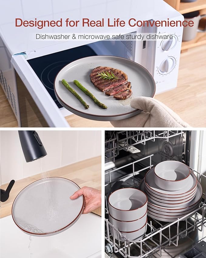 Famiware Nebula Ridge Stoneware Dinnerware Sets for 8, 24 Pieces Plates and Bowls Sets, Dishes Set, Microwave and Dishwasher Safe Kitchen Plates, Light Gray