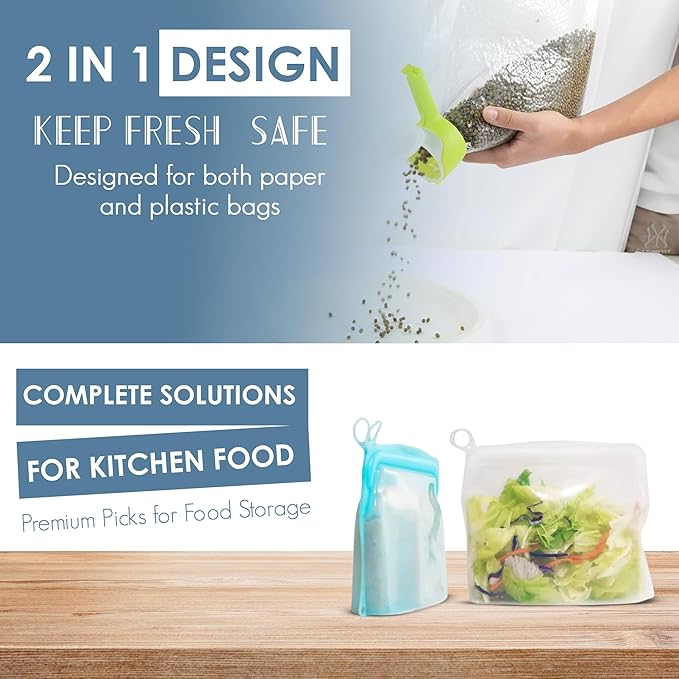 Silicone Food Storage Bags & Bag Clips with Pour Spout - Pack of 6 - Reusable, BPA-Free, Leak Proof Zip Bags – Freezer, Microwave & Dishwasher Safe – Airtight Food Storage & Sealing Clips for Snacks