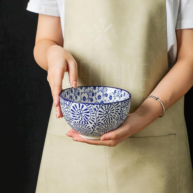 Selamica Ceramic Ramen Bowls Set, 15 OZ Noodle Bowls for Kitchen with Chopsticks, Deep Soup Bowls for Japanese Ramen Udon Soba, Microwave Dishwasher Safe, Set of 4, Vintage Blue