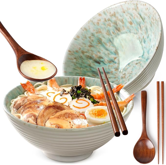 NUTRIUPS 8 Inch Ceramic Ramen Bowl Set of 2 Pho Bowls 40oz Japanese Noodle Udon Soup Bowls with Spoons and Chopsticks (Forest)