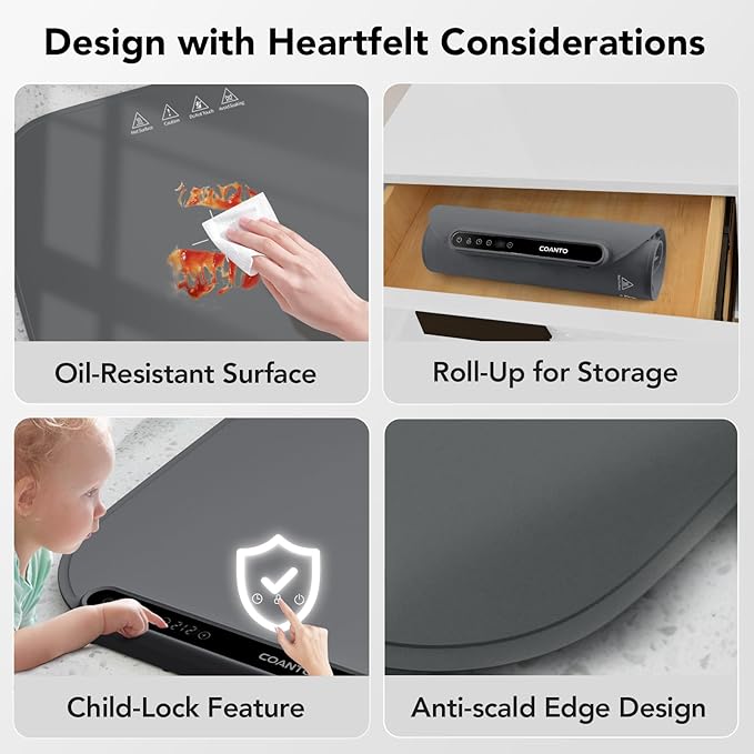 Food Warming Mat, Food Warmers for Parties Buffet, Silicone Heating Mat with 7 Temperature Settings, Roll-Up Storage, 17.91"x12.8", Grey